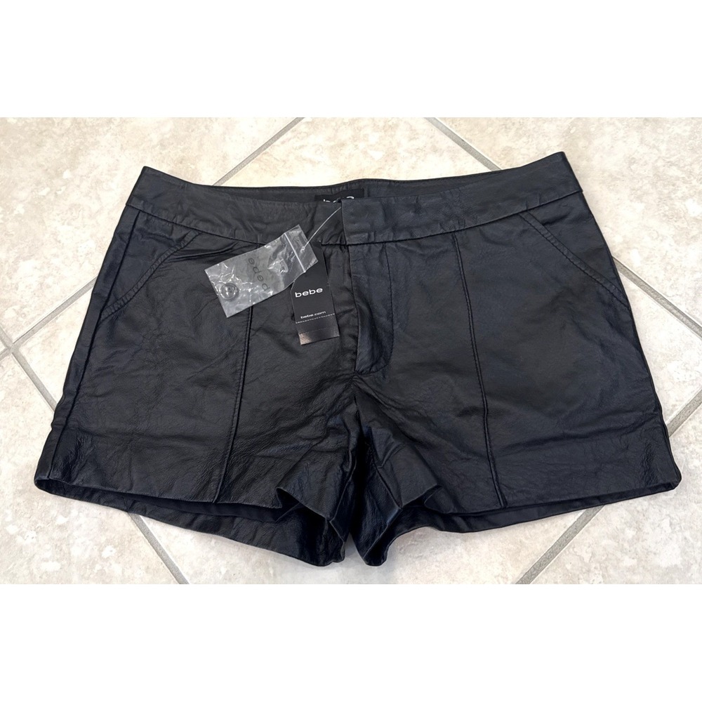 VTG NWT Bebe Black Leather Shorts Y2K 3" inseam Lined Goth Biker Grunge